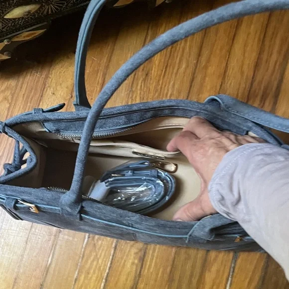 Blue Grey Vegan Suede East West Shoulder Bag - Picture 6 of 7